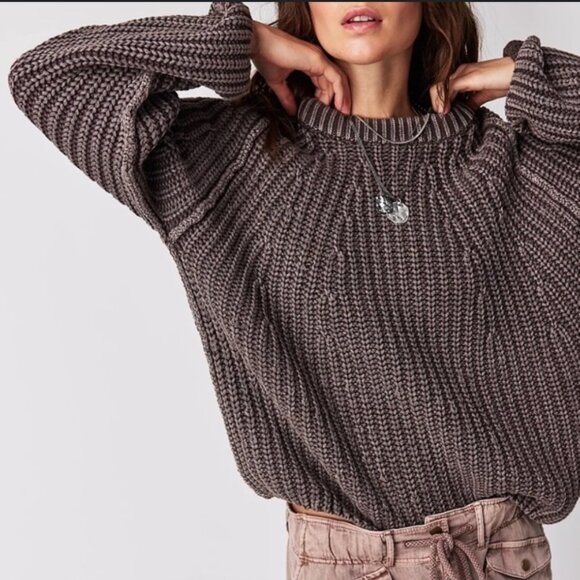 Free People Take Me Home Cotton Sweater Size Large In The Color French Roast - Picture 1 of 4